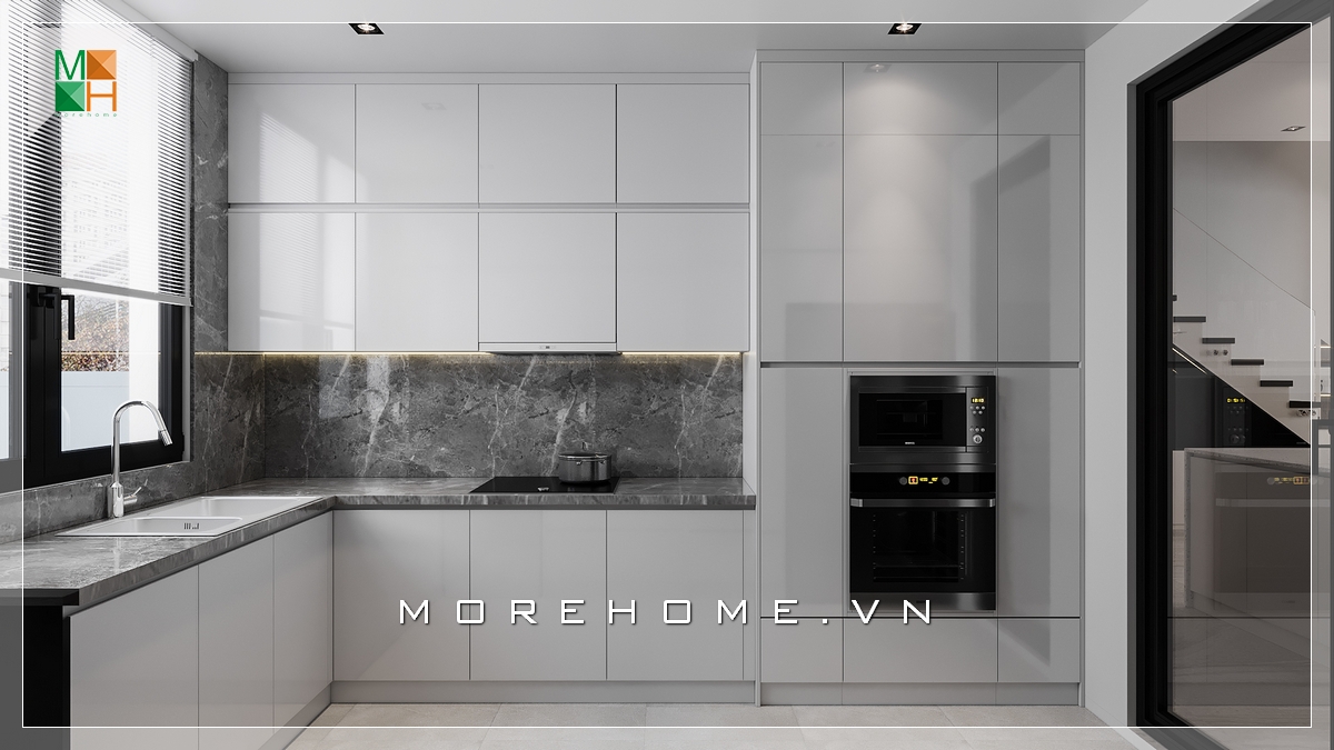 Mẫu tủ bếp màu trắng gỗ Acrylic đẹp hiện đại rất tiện nghi mẫu tủ bếp gỗ công nghiệp An Cường