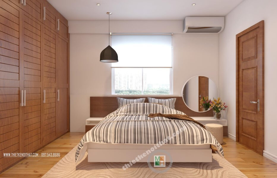Mẫu thiết kế phòng ngủ chung cư đẹp với đồ nội thất gỗ tự nhiên cao cấp mang đến không gian phòng ngủ sang trọng và tiện nghi Mẫu nội thất chung cư đẹp