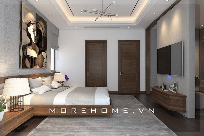 Nội thất gỗ tại phòng ngủ nhà phố nhỏ được bố trí hợp lí, các chi tiết được tối giản đem lại sự thoải mái mà vẫn đảm bảo công năng sử dụng