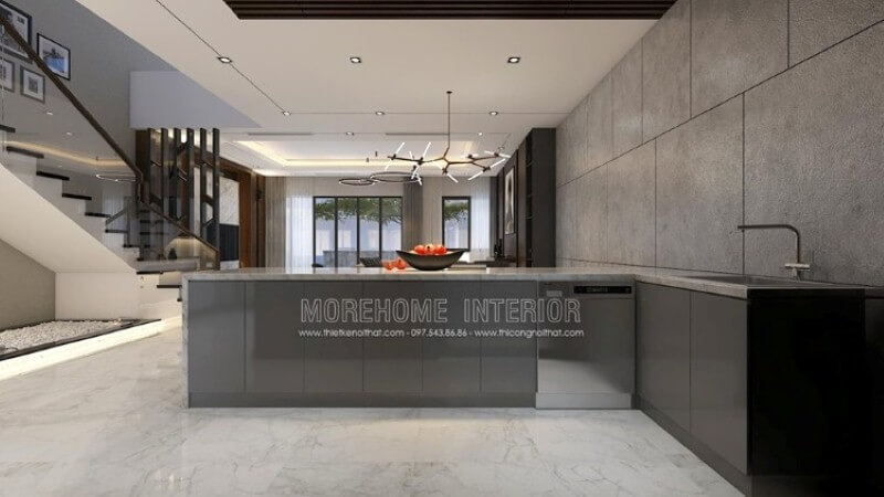 Mẫu bàn đảo bếp độc đáo với thiết kế nội thất hiện đại sang trọng từ bộ tủ gỗ công nghiệp acrylic An Cường được phủ bề mặt đá ốp nâu vân chỉ đẹp sang trọng.