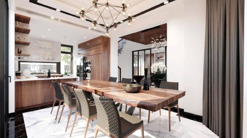 Sẽ là một gợi ý sáng tạo sẽ khiến bạn thích thú như trong mẫu bố trí không gian bếp hiện đại biệt thự Vinhomes Imperia Hải Phòng trong đây, bố trí kệ trang trí ở vị trí gần bàn ăn nhất giúp bạn lấy ly, chén một cách thuận tiện.