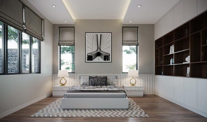 Tone màu trắng chủ đạo từ tường, giường, tab, tủ quần áo đã tạo nên vẻ đẹp sang trọng ấn tượng cho phòng ngủ hiện đại.