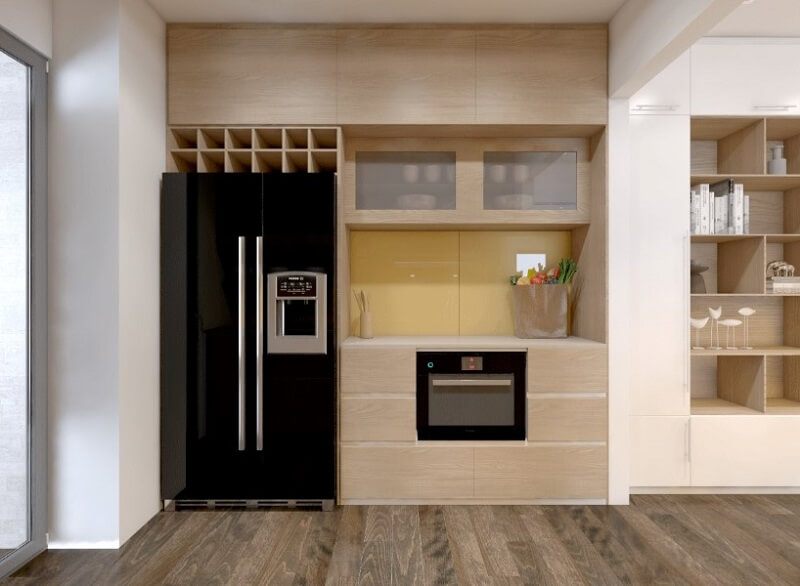 Thiết kế hệ tủ bếp gỗ công nghiệp tích hợp đa chức năng kết hợp tủ lạnh và lò vi sóng mang đến một không gian bếp lí tưởng