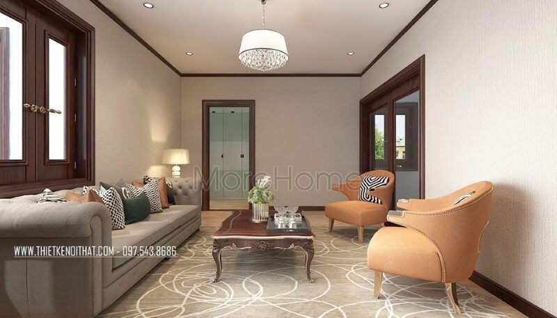 Thiết kế nội thất sofa khung gỗ tần bì nhập khẩu bọc vải màu sữa kết hợp chiếc bàn trà bằng gỗ tự nhiên mài nâu socola, cùng với 2 chiếc ghế nghỉ màu cam tạo sự sinh động mà không bị chật chội.