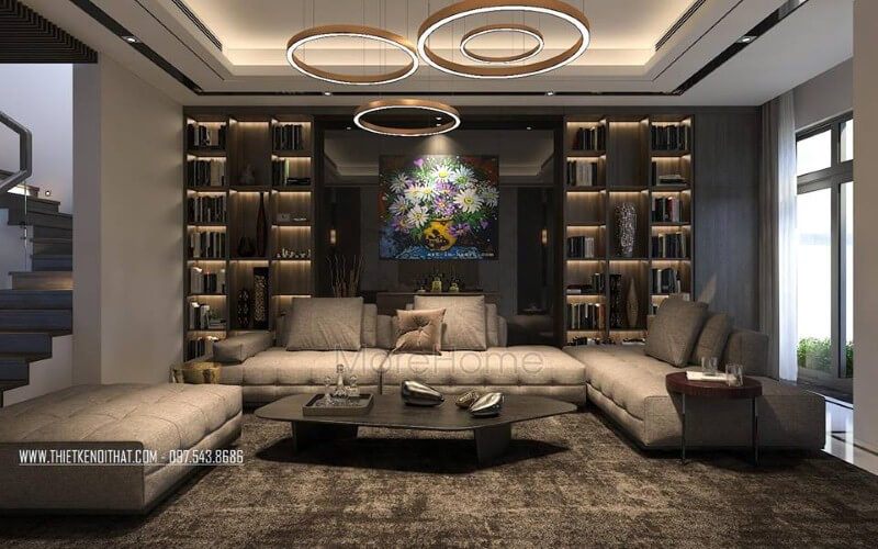 Sắp xếp nội thất phòng khách hiện đại, đẹp với bộ bàn ghế sofa lớn, kệ ốp tường, tranh treo tường.