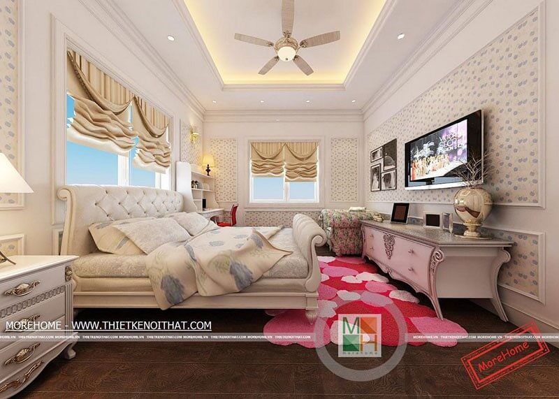 Mẫu kệ tivi gỗ màu trắng có thiết kế tân cổ điển với đường nét hoa văn tỉ mỉ, tạo nên một không gian sang trọng cho phòng ngủ.